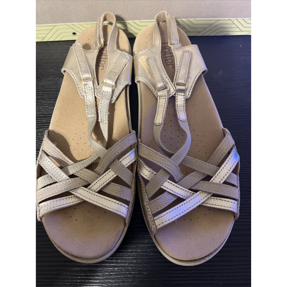Hotter Comfort Concept Flare Leather Open Toe Goldtone Sandals Sz 7 Made In Eng